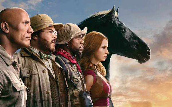 4K Ultra HD wallpaper featuring Jack Black, Kevin Hart, Dwayne Johnson, and Karen Gillan from the movie Jumanji: The Next Level, standing beside a black horse at sunset.