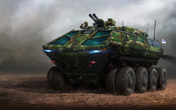 Futuristic military vehicle with a mounted minigun, set in a smoky battlefield, captured in high-definition for a sci-fi PC desktop wallpaper.