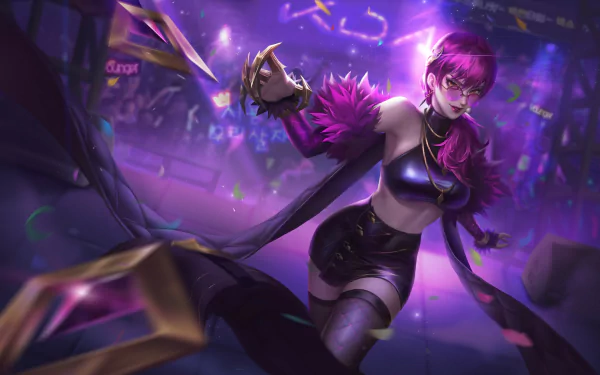 HD PC desktop wallpaper featuring Evelynn from League of Legends with purple hair, styled in her K/DA popstar outfit, set against a vibrant, neon-lit background.