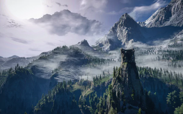 Scenic 8K Ultra HD desktop wallpaper from The Witcher 3: Wild Hunt, depicting misty forests and towering mountains under a cloudy sky.