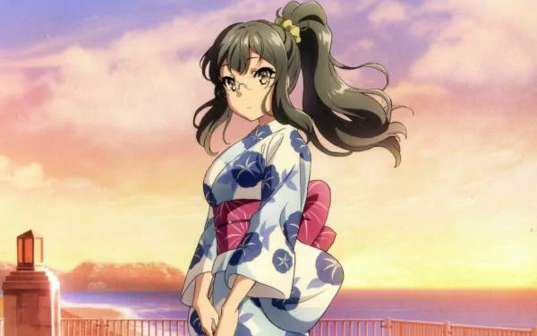 HD anime wallpaper featuring Rio Futaba from Rascal Does Not Dream of Bunny Girl Senpai, standing on a balcony at sunset in a floral yukata with a pink obi.