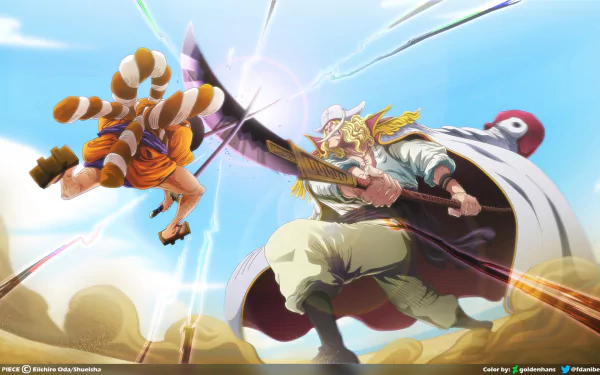 HD PC desktop wallpaper background — One Piece anime: Edward Newgate and Kozuki Oden clash in a dramatic, wind-swept sword battle.
