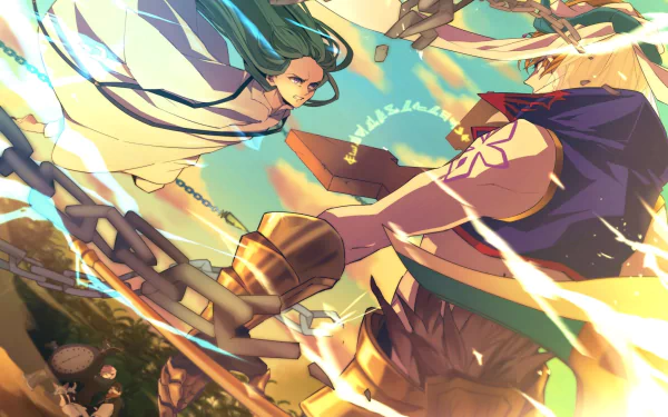 HD PC desktop wallpaper from Fate/Grand Order: Fujimaru Ritsuka (male), Mashu Kyrielight, Fou, Kingu, Enkidu and Gilgamesh (Caster/Gilgamesh) clash in a sunlit, action-packed scene.