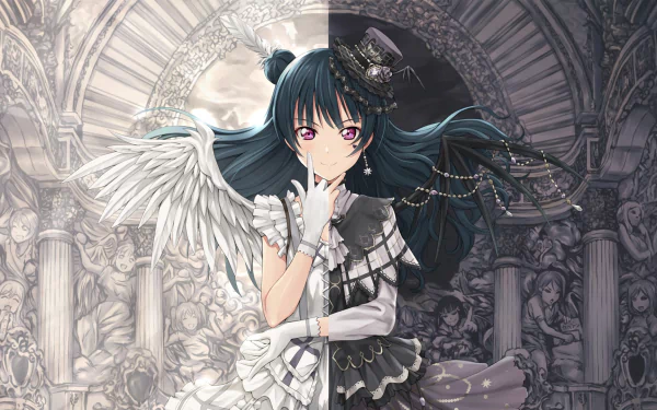 HD PC wallpaper of Yoshiko Tsushima from Love Live! Sunshine!! with long dark hair, purple eyes, white wings, and a detailed dress against a classical architectural background.