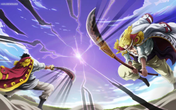 HD anime wallpaper featuring Kozuki Oden and Edward Newgate clashing swords under a stormy sky, inspired by One Piece and Gol D. Roger themes.