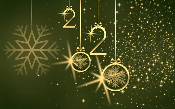HD desktop wallpaper featuring New Year 2020 holiday decorations with golden snowflakes and sparkling lights on a green background.