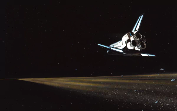 4K Ultra HD desktop wallpaper featuring a space shuttle gliding above a planetary surface against a starry space backdrop.