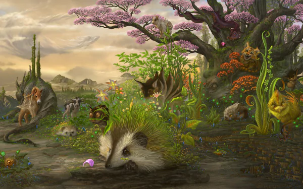 4K Ultra HD PC desktop wallpaper and background: a fantasy animal scene with whimsical, earth-peeking creatures amid glowing plants, twisted trees, colorful flowers and distant spires.