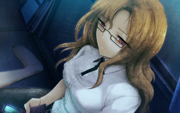Moeka Kiryū (Steins;Gate) anime HD PC desktop wallpaper: seated with glasses and white blouse in a cool blue-lit interior, holding a phone.