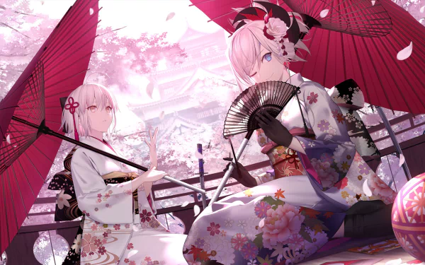 Anime characters Okita Souji and Miyamoto Musashi from Fate/Grand Order in yukata, sitting under cherry blossoms and red umbrellas, HD wallpaper.