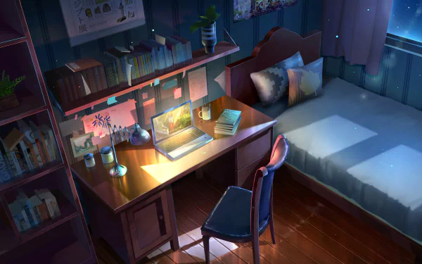 HD wallpaper of an anime-styled bedroom at night, featuring a computer on a desk, a cozy bed, and a view from the window.