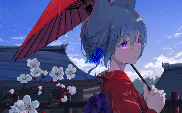 Anime Original Umbrella Flower Short Hair Kimono Animal Ears HD Wallpaper | Background Image