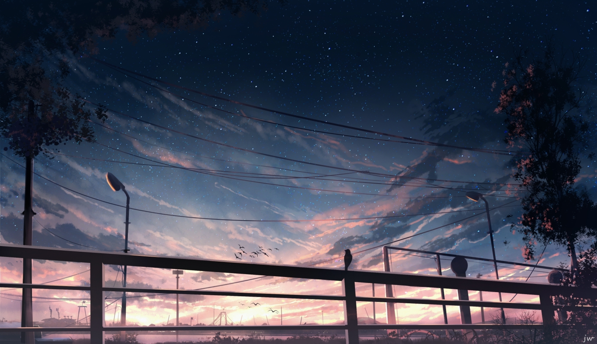 Download Starry Sky Anime Sunset HD Wallpaper by 画师JW