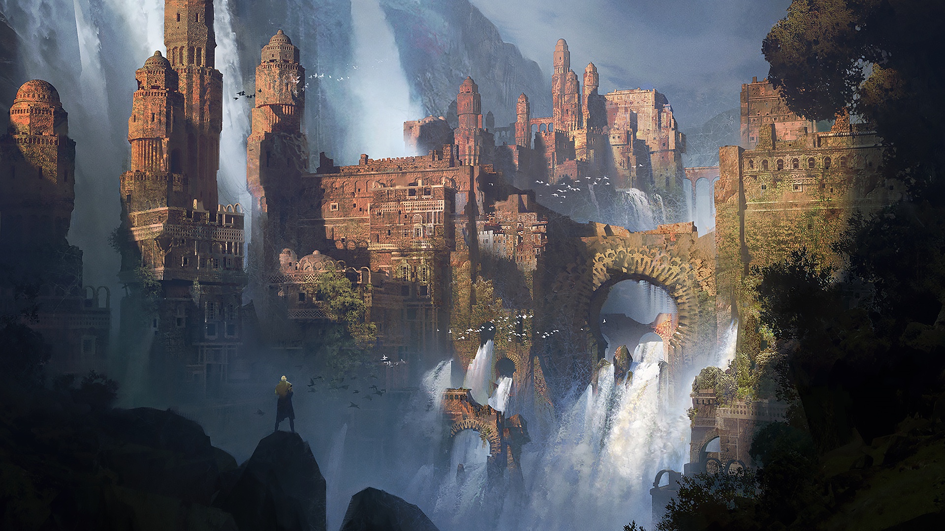 Fantasy city built ontop of waterfalls by Ivan Laliashvili