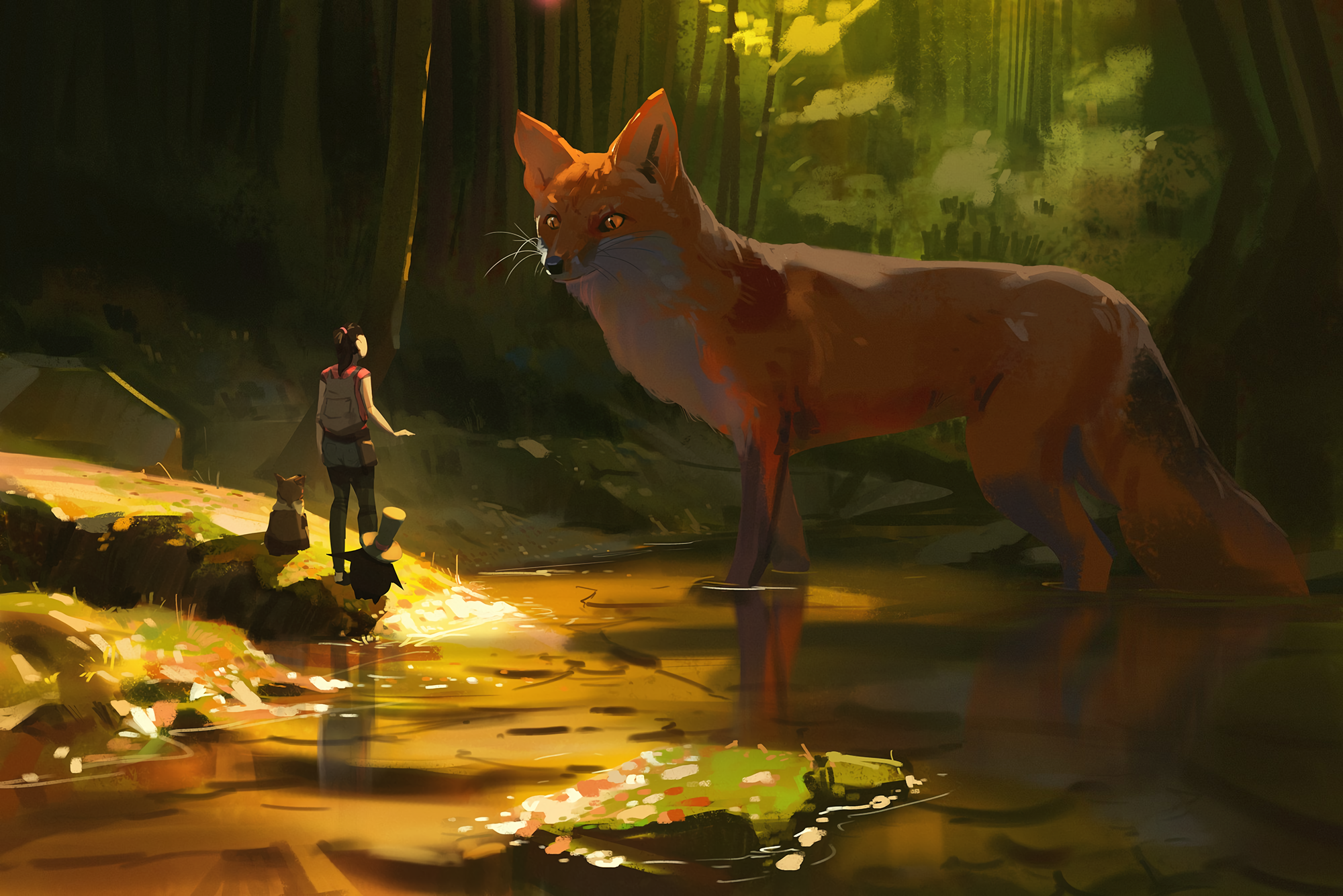 Giant fantasy fox in the forest by Atey Ghailan