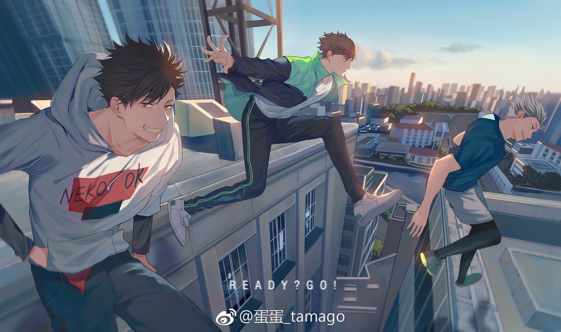 HD desktop wallpaper featuring Tōru Oikawa, Kōtarō Bokuto, and Tetsurō Kuroo from the anime Haikyū!!. The characters are shown in an urban setting, exuding energy and vibrancy.