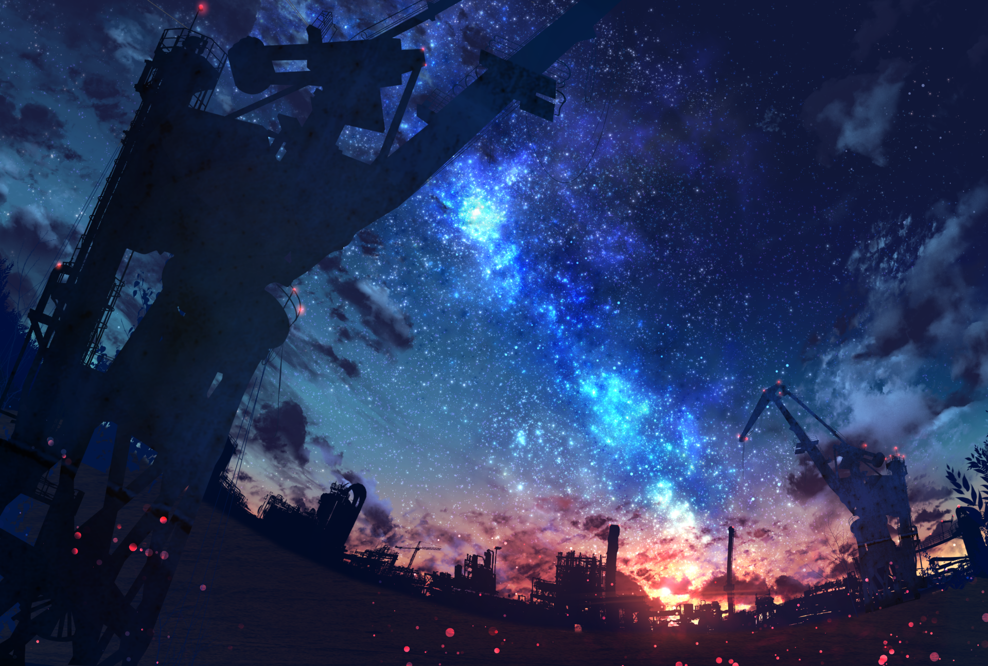 Anime-style HD wallpaper depicting a vibrant starry sky over a silhouette of industrial cranes and cityscape at dusk.
