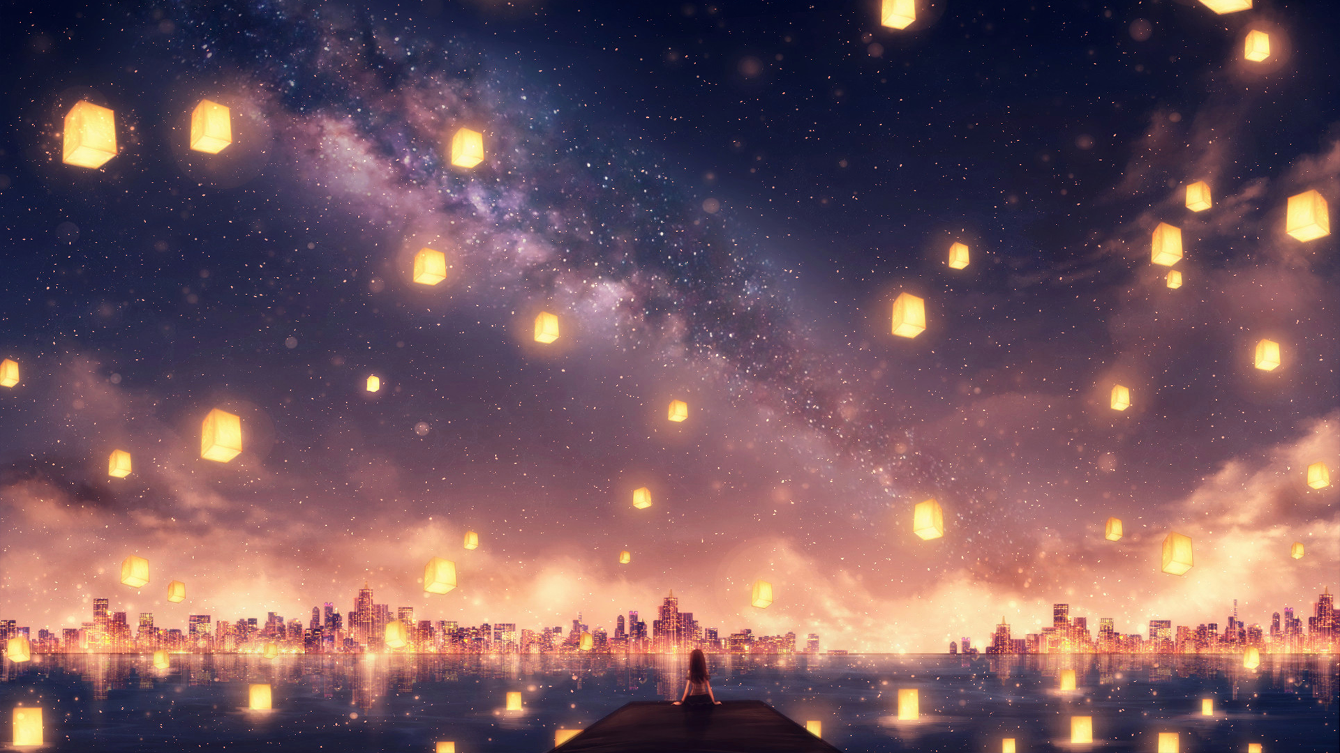 An anime-style night scene featuring the Milky Way over a city skyline and water, with a character with long hair sitting on a pier. Floating lanterns illuminate the sky. HD desktop wallpaper and background.