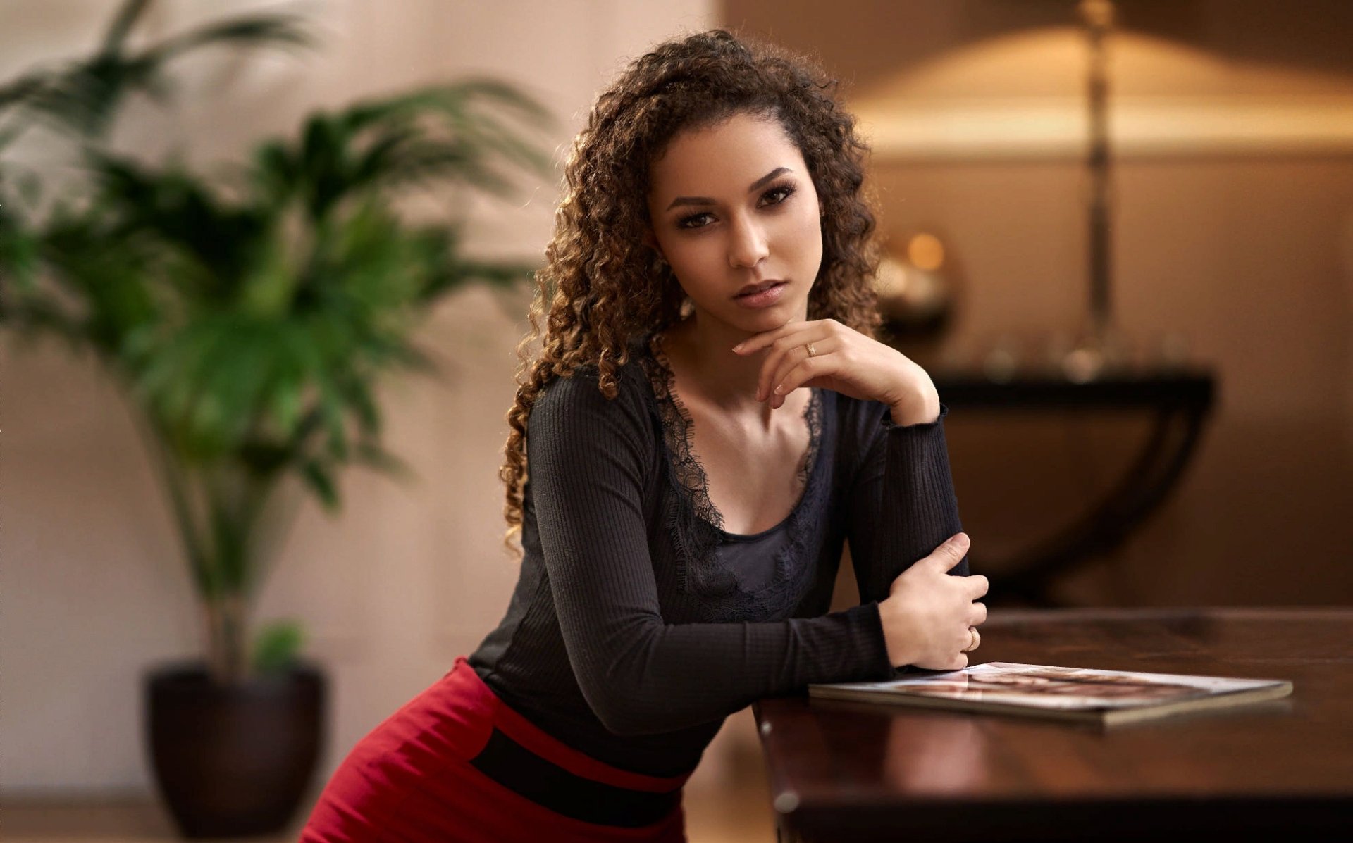 Download Curl Depth Of Field Brunette Woman Model HD Wallpaper by Maarten Quaadvliet