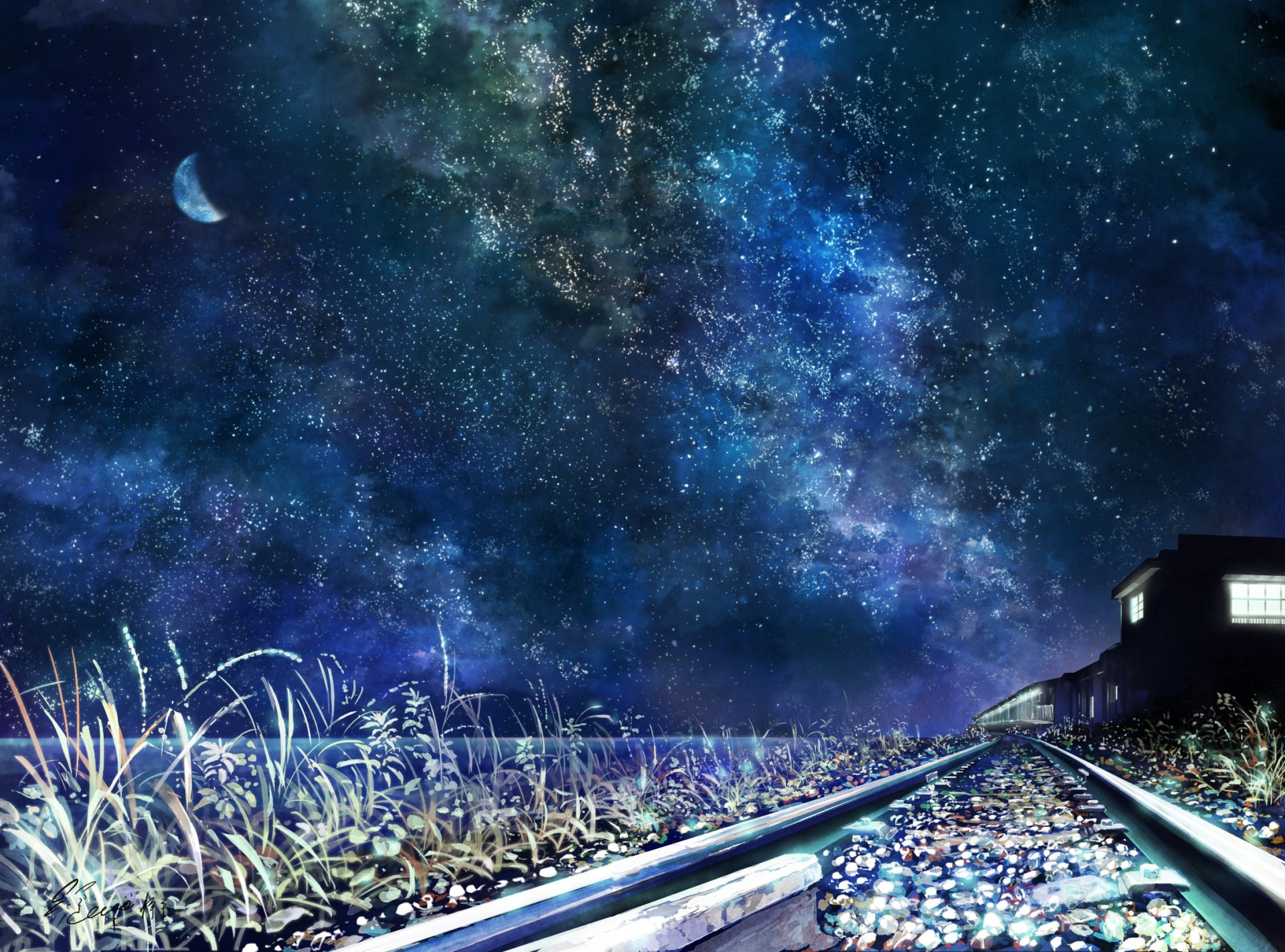 Anime-style night scene at a railroad train station under a vibrant starry sky with the moon, rendered in HD for a PC desktop wallpaper background.