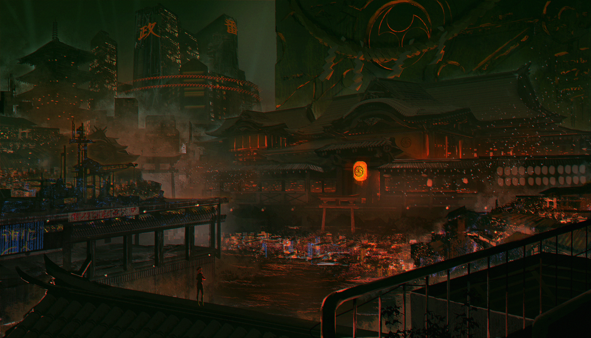 HD anime-inspired wallpaper depicting a beautifully illuminated urban night scene with traditional Japanese architecture and a bustling street market.