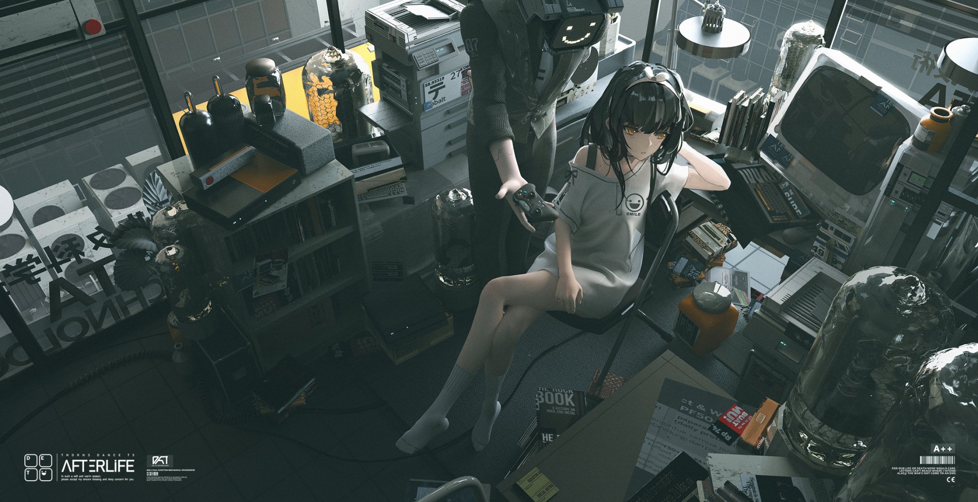 Anime-style character with black hair and striking orange eyes smiles while holding a joystick, surrounded by retro tech and clutter in an HD PC desktop wallpaper.