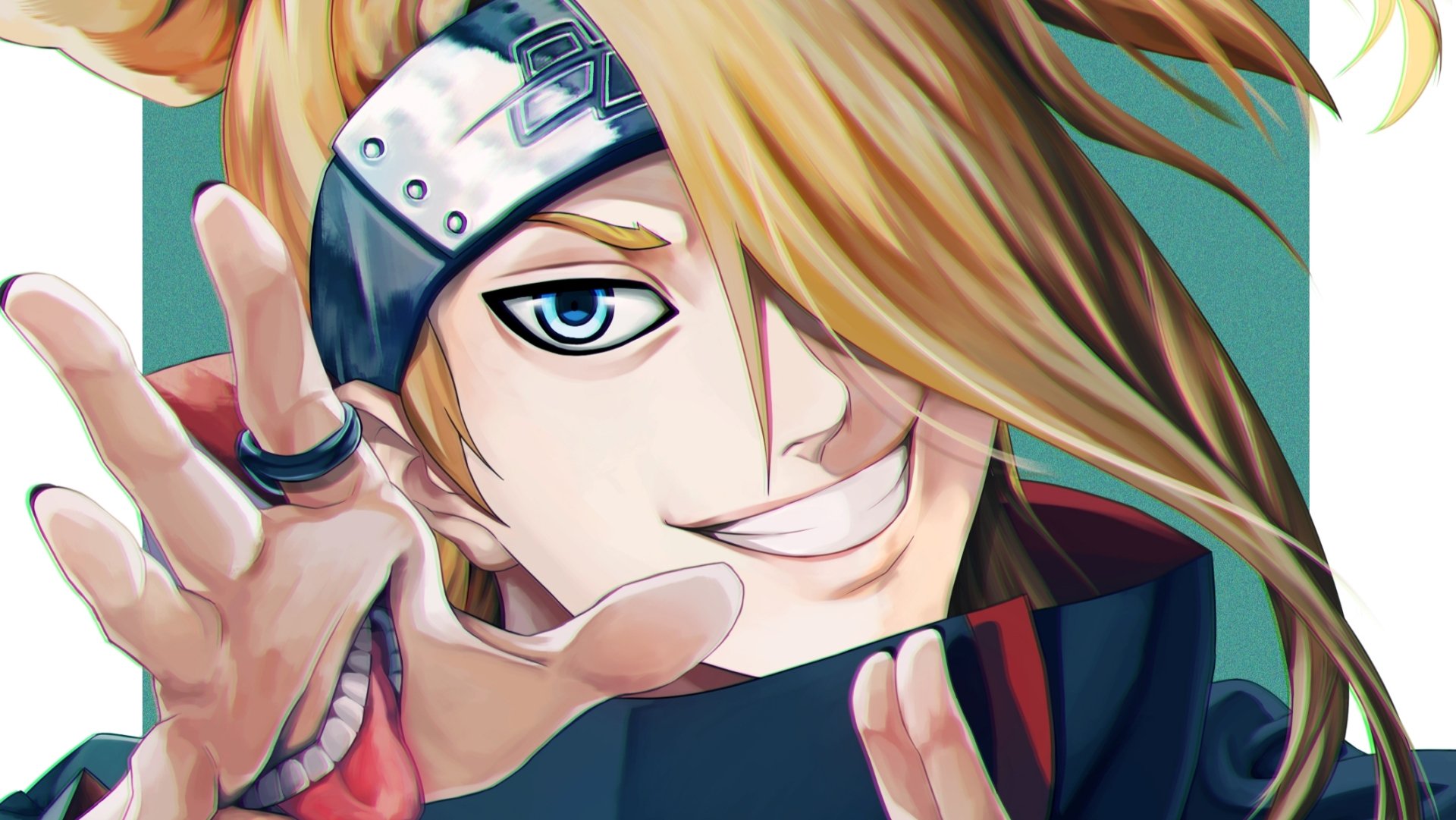 HD PC desktop wallpaper: Deidara (Naruto) anime close-up with blond hair, headband and mischievous grin — vibrant Naruto desktop background.