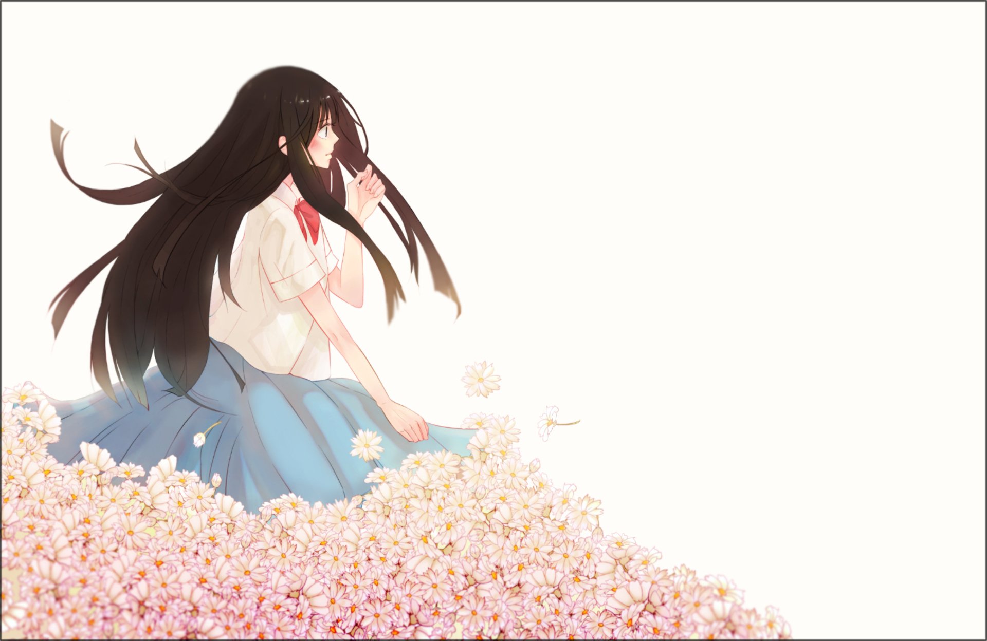 HD anime desktop wallpaper featuring Sawako Kuronuma from Kimi Ni Todoke, surrounded by delicate pink flowers on a light background.