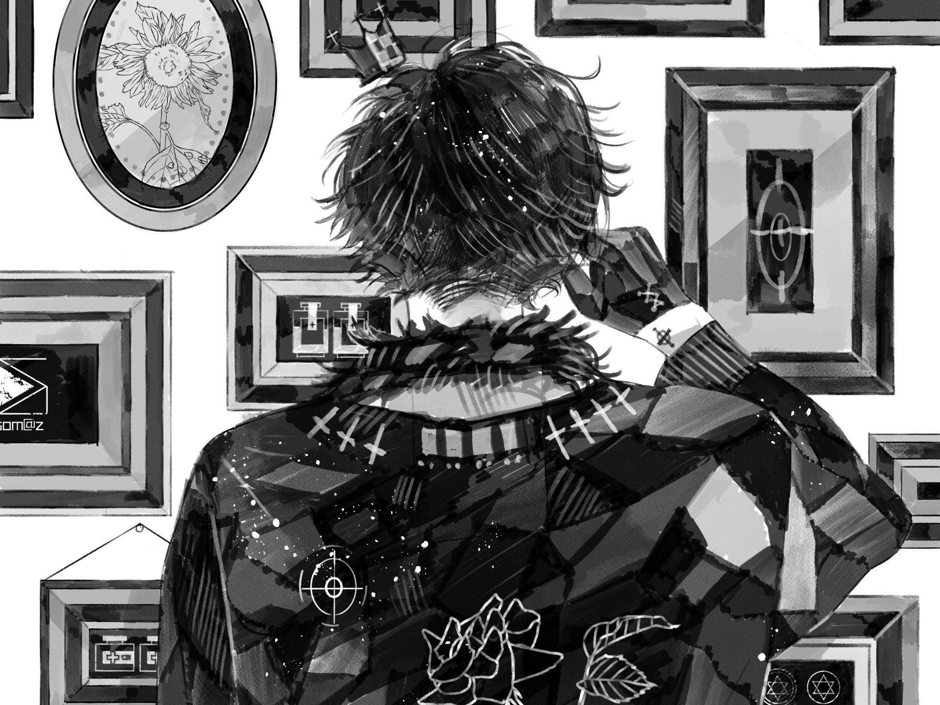 Black and white original anime-style HD desktop wallpaper featuring a character viewed from behind, surrounded by framed artwork on a wall.