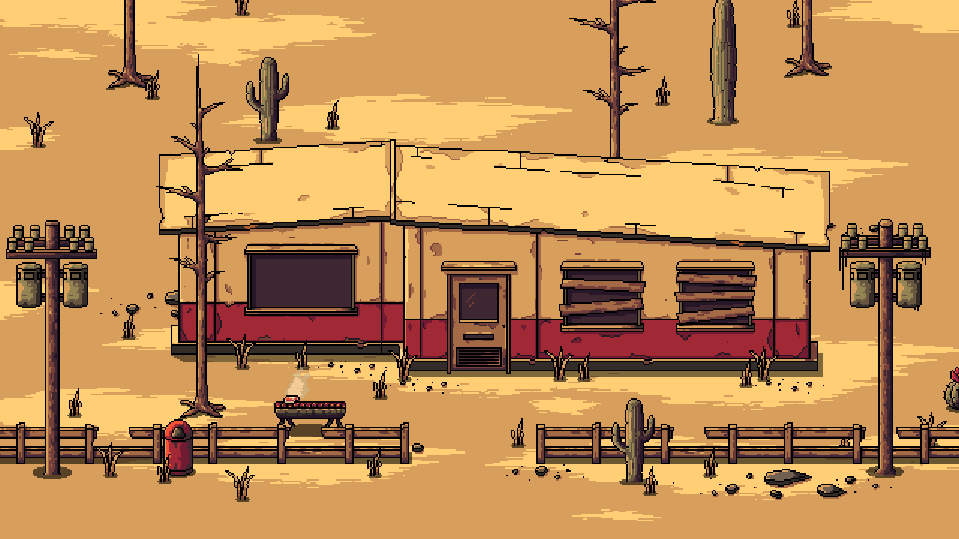 Artistic pixel art of a desert scene featuring a weathered building with boarded windows, surrounded by cacti and sparse vegetation, designed as an HD PC desktop wallpaper.