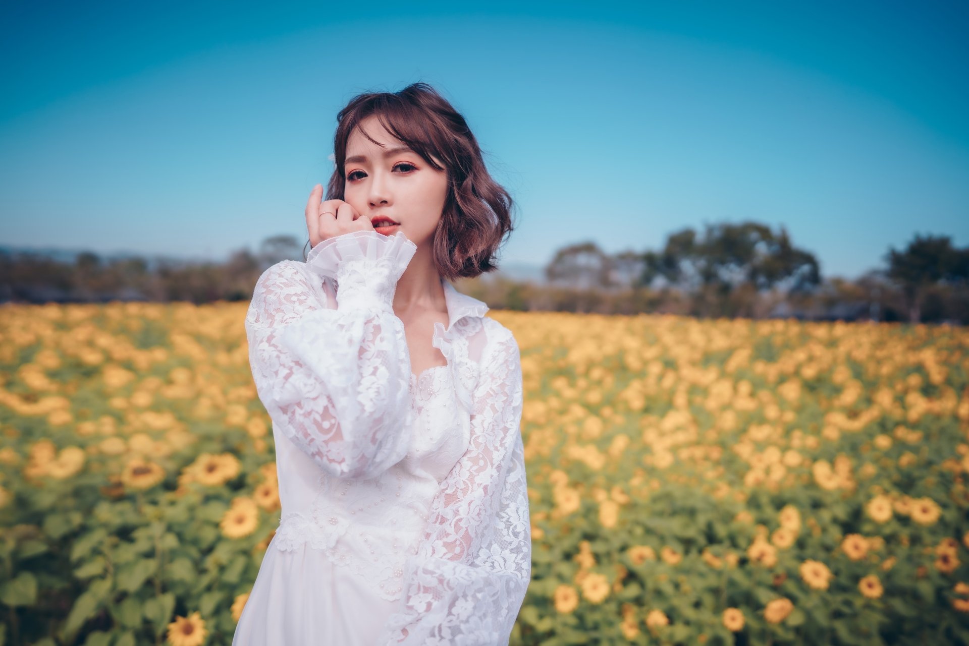 Download White Dress Depth Of Field Short Hair Brunette Model Woman Asian 8k Ultra HD Wallpaper