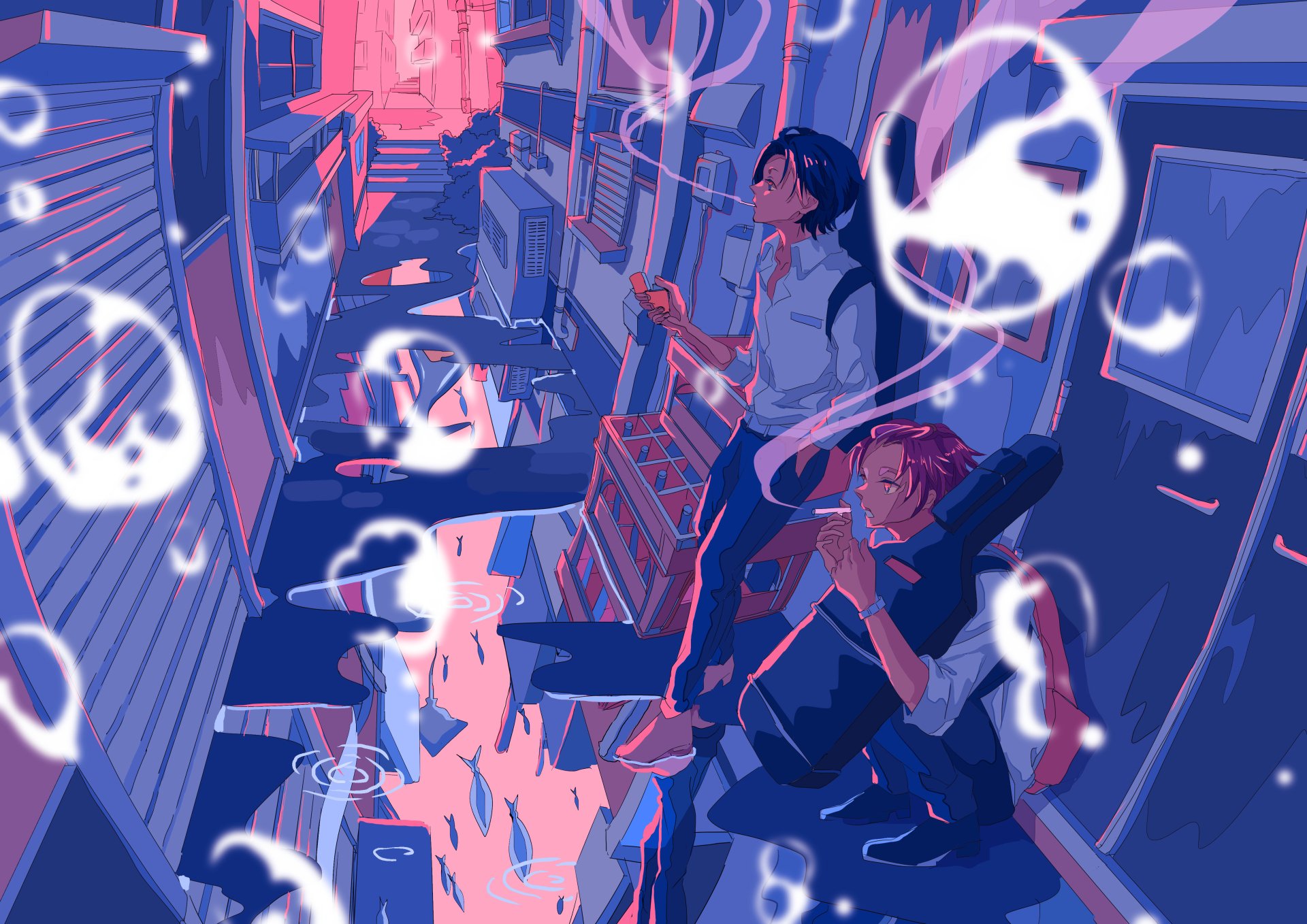 A vibrant 4K Ultra HD anime-style PC wallpaper featuring two characters surrounded by floating fish and water bubbles in a futuristic setting.