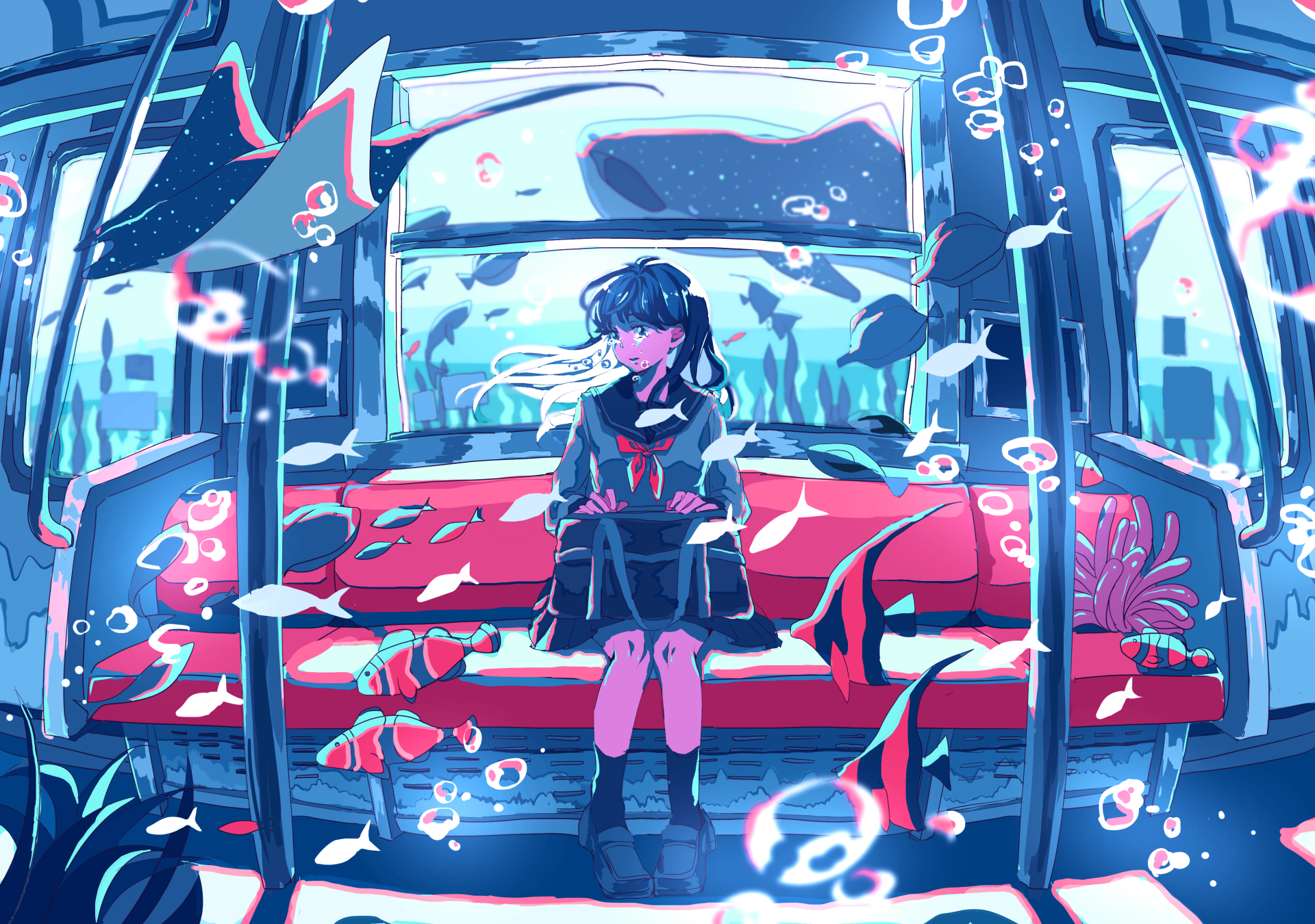 HD wallpaper featuring an anime girl in a school uniform, sitting on a bench surrounded by floating fish in a vibrant, underwater-like environment.