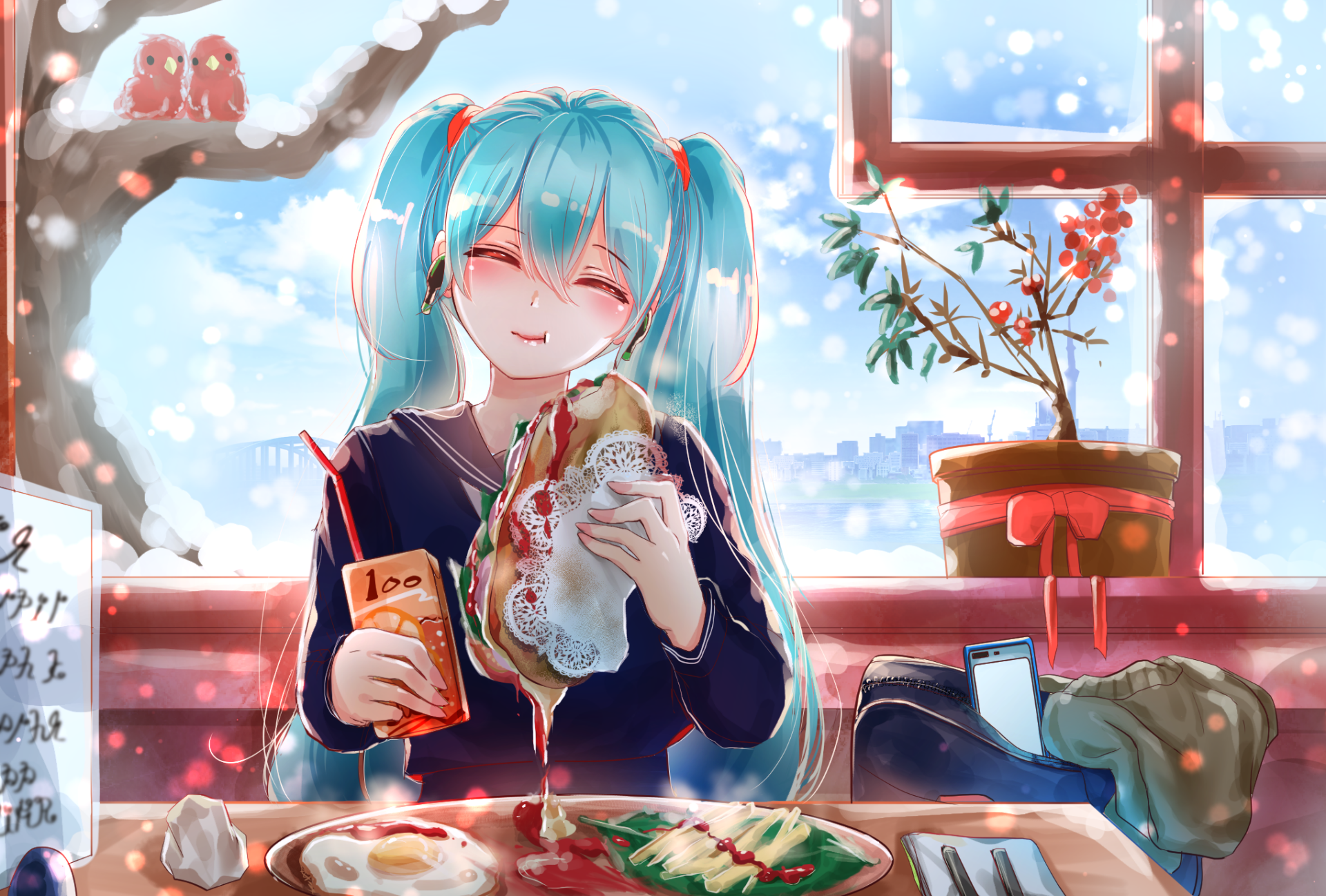 Hatsune Miku Happily Eating A Sub Sandwich Hd Wallpaper