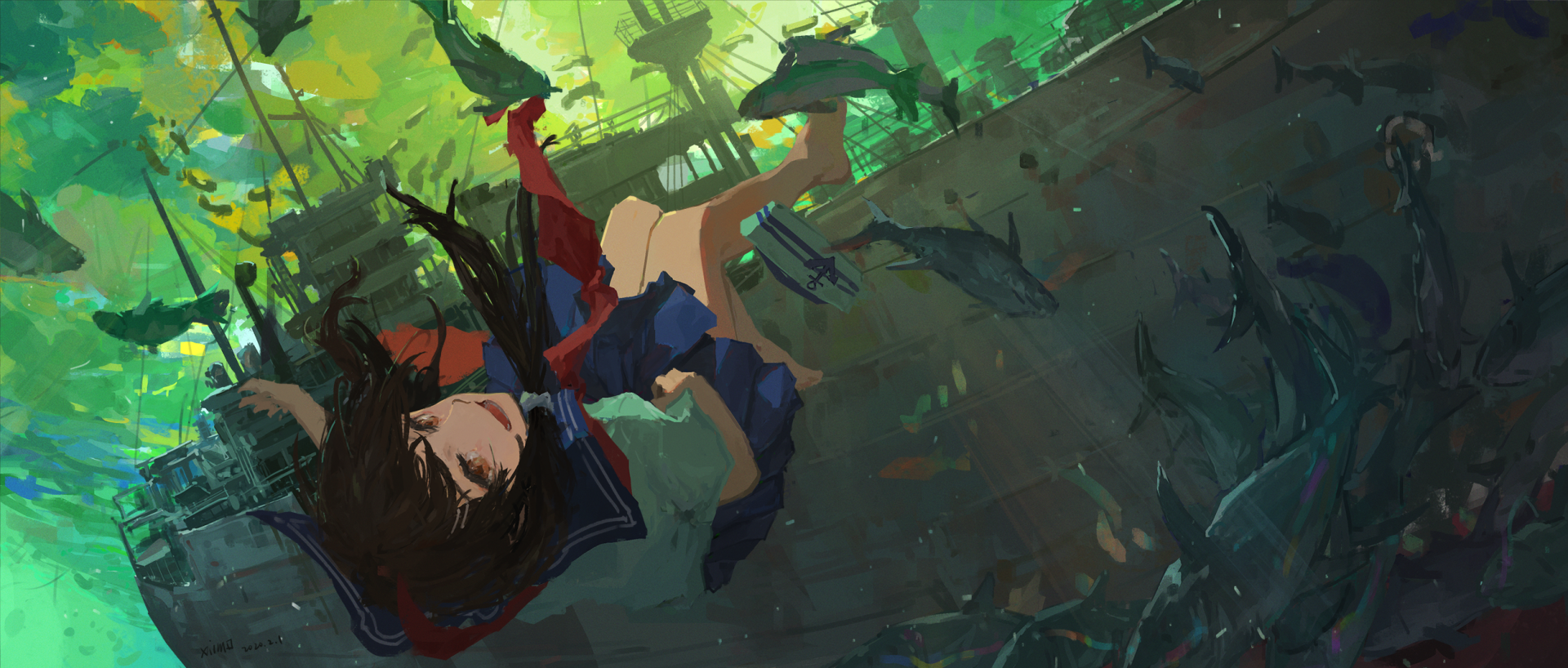 Anime-style HD desktop wallpaper depicting a girl in a uniform underwater surrounded by fish and sea life in an original fantasy setting.