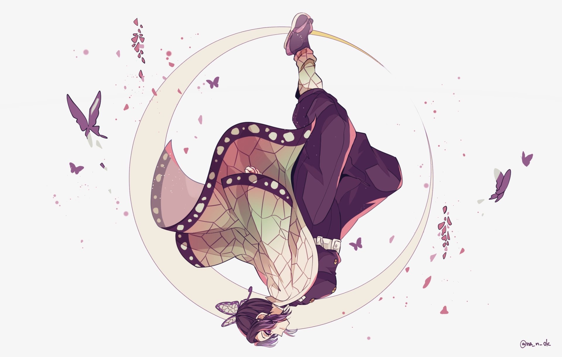 HD anime desktop wallpaper featuring Shinobu Kochou from Demon Slayer: Kimetsu no Yaiba, surrounded by butterflies and subtle floral accents.