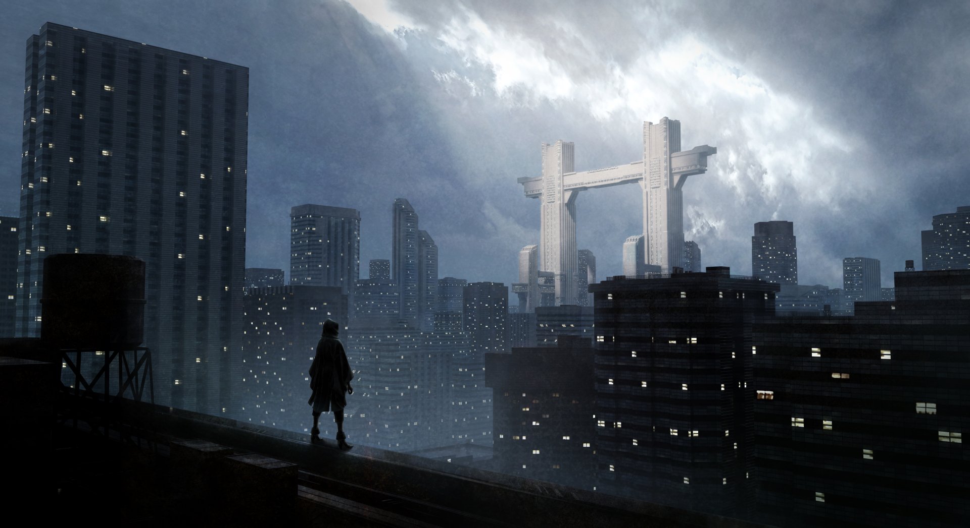 Anime-style cityscape under a moody sky with a solitary figure overlooking skyscrapers, captured in 4K Ultra HD for a striking PC desktop wallpaper.