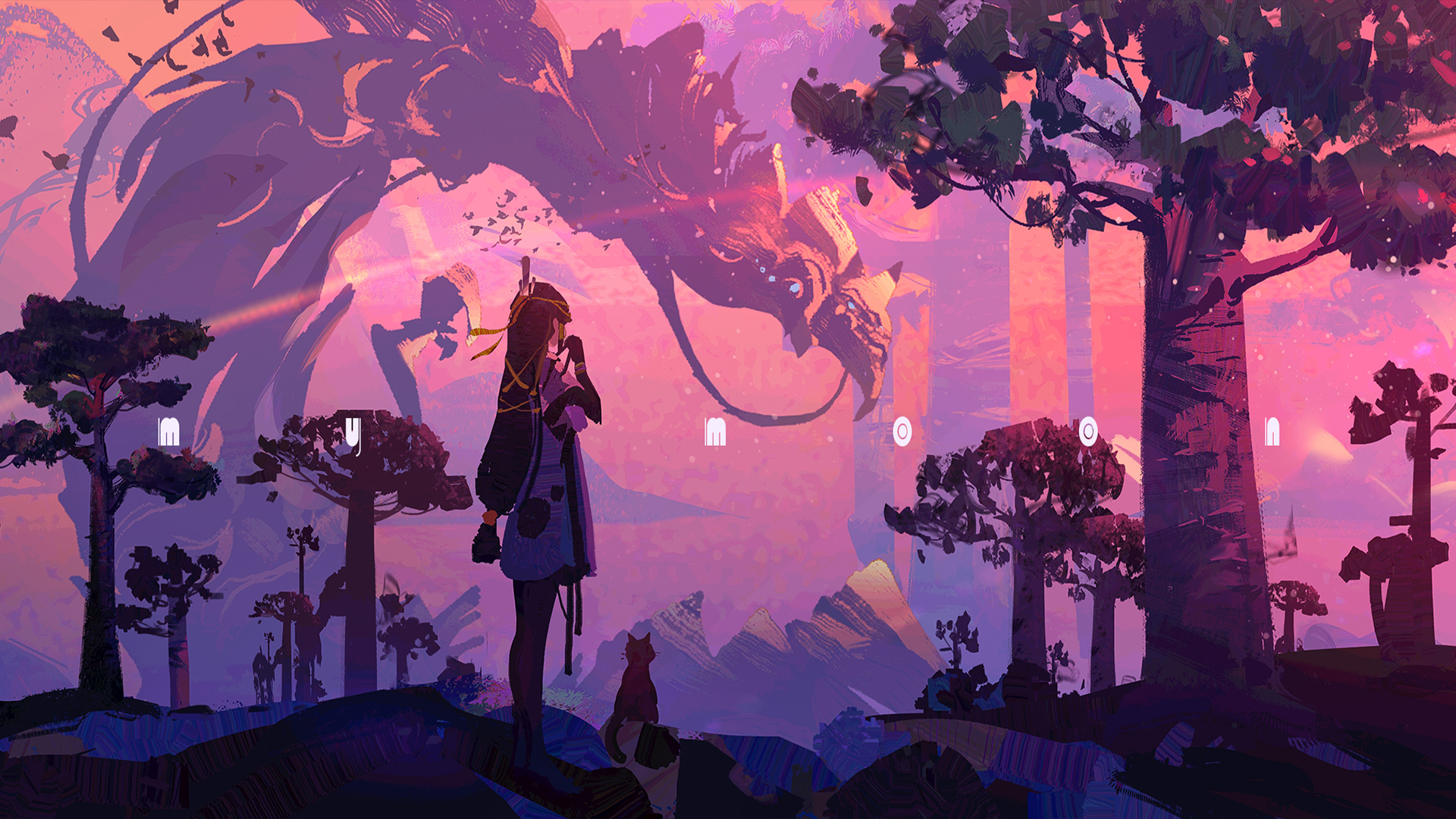 An anime-style HD wallpaper featuring a long-haired girl in a dress standing in a jungle alongside a cat, while a majestic dragon looms in the colorful, twilight sky.