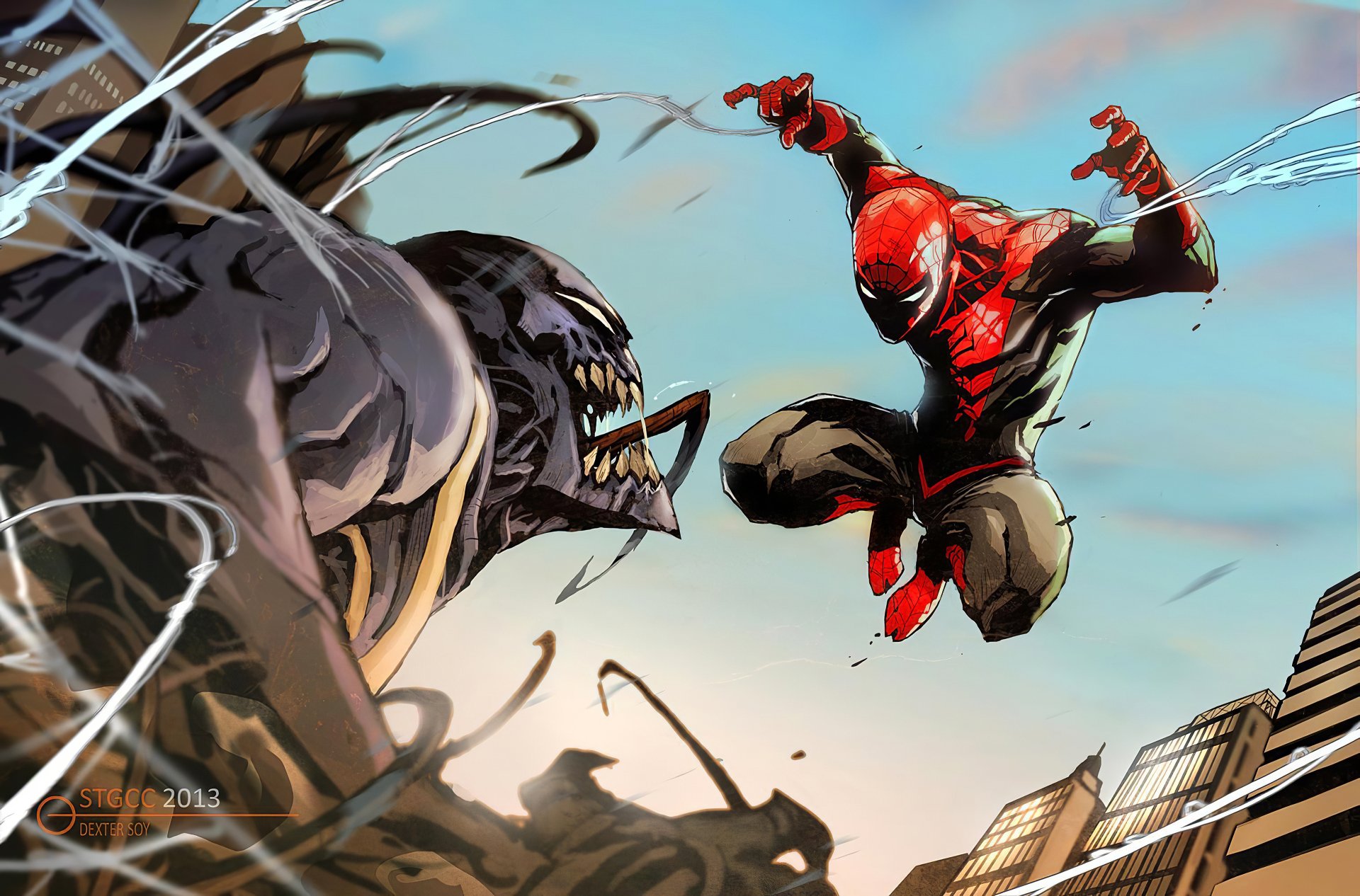 4K Ultra HD PC wallpaper featuring Venom and Spider-Man in a dynamic comic-style battle scene above a cityscape.