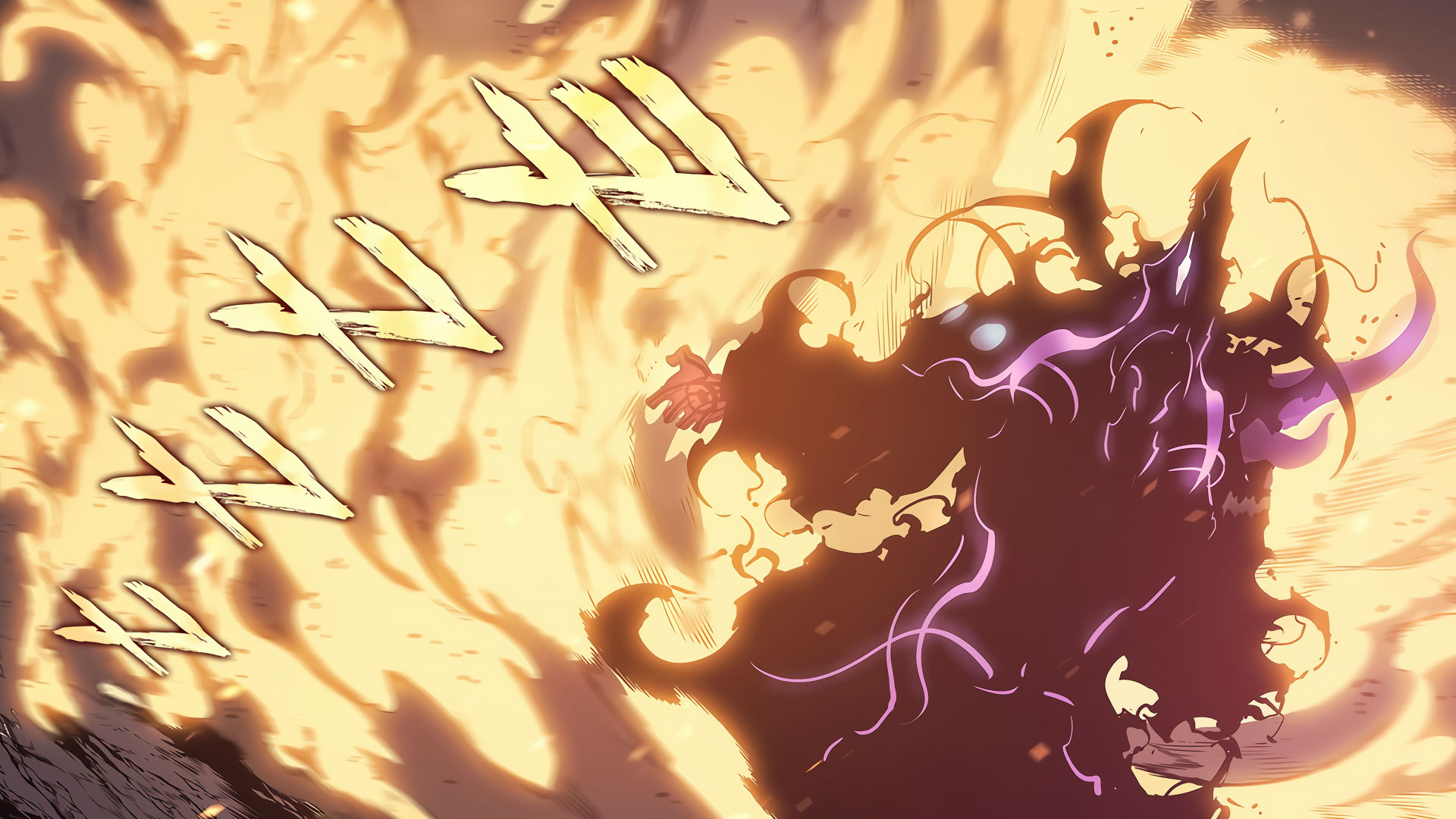 An HD desktop wallpaper featuring Tusk from the anime Solo Leveling, with a dramatic display of fiery and mystical elements surrounding the character.