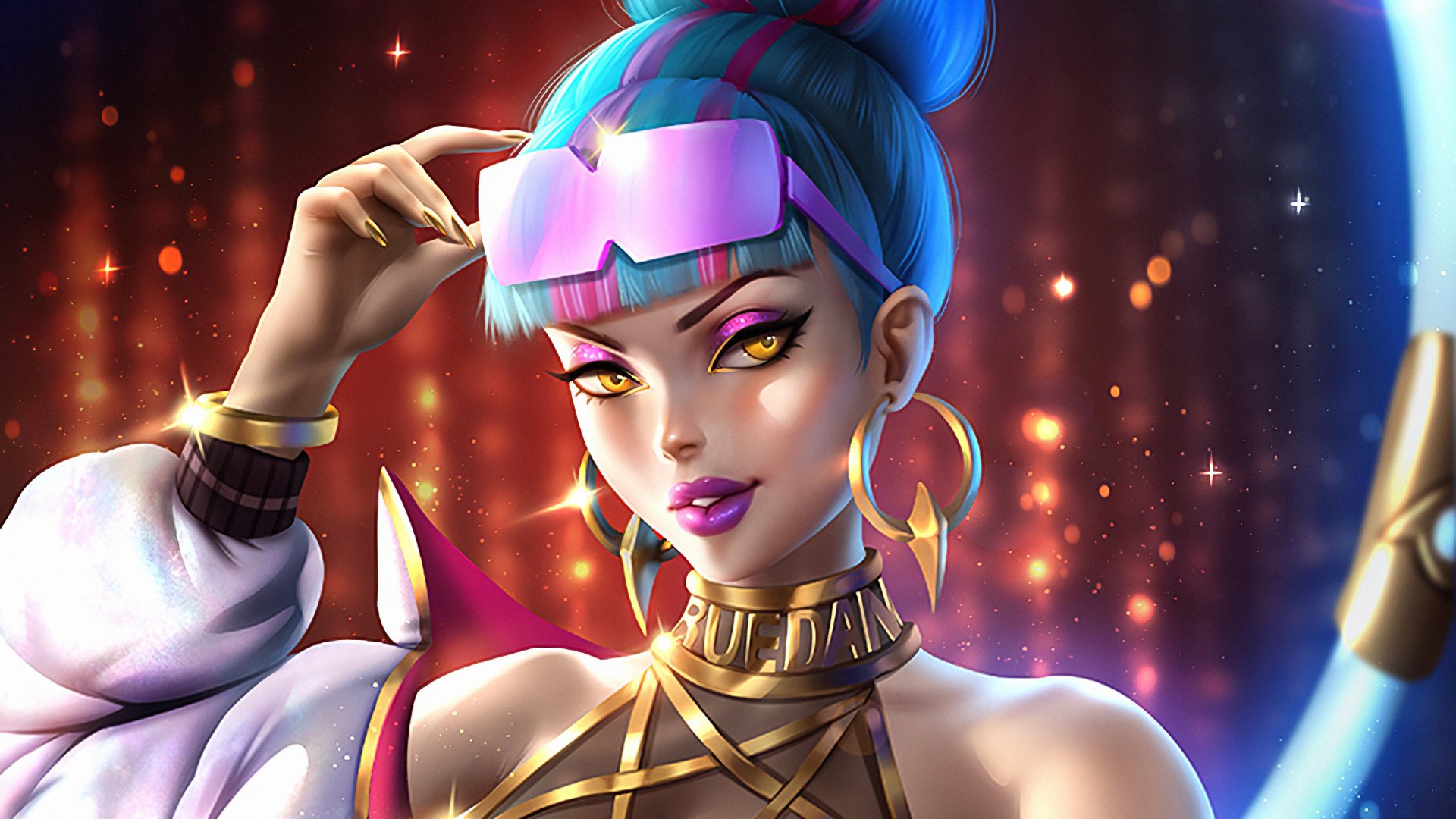 K/DA Qiyana from League of Legends with blue hair, purple lipstick, and sunglasses, set against a glowing, vibrant background in this HD PC desktop wallpaper.