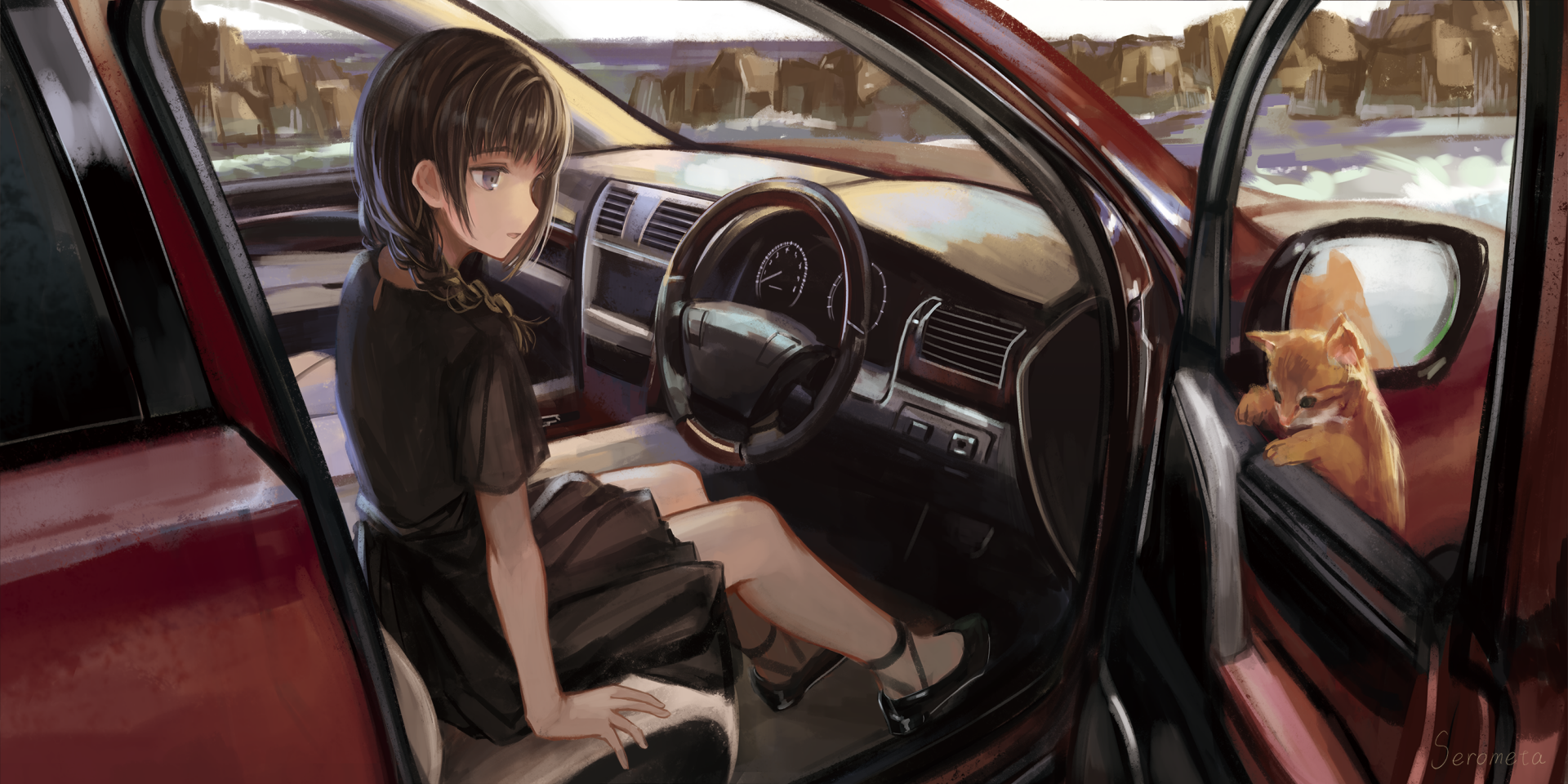 Anime-style HD desktop wallpaper featuring a girl with black hair sitting inside a detailed car interior, with a small orange cat visible through the open door window.