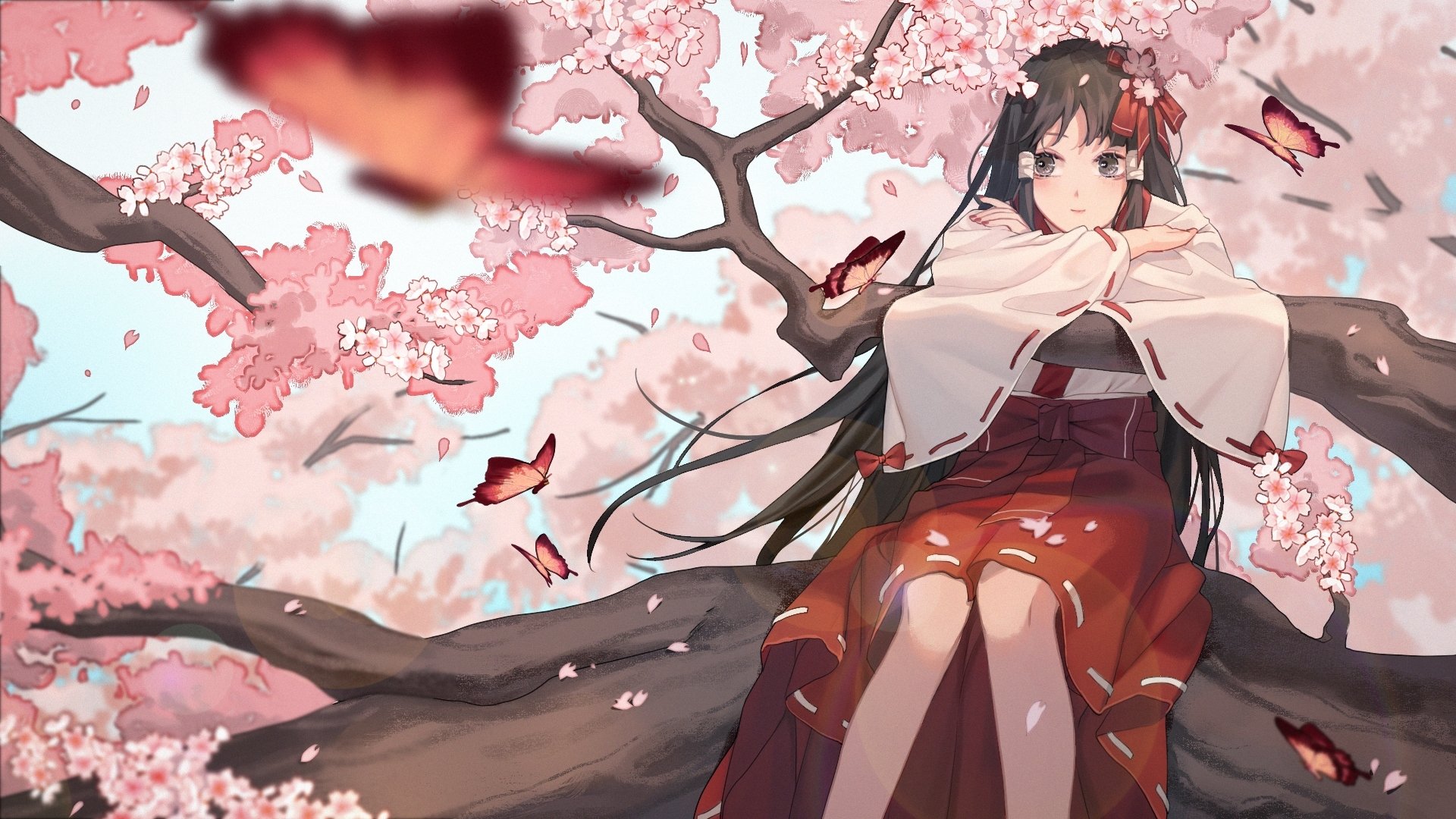 Anime-style original artwork of a girl with long black hair sitting among blooming sakura flowers, surrounded by butterflies, designed as an HD PC desktop wallpaper.