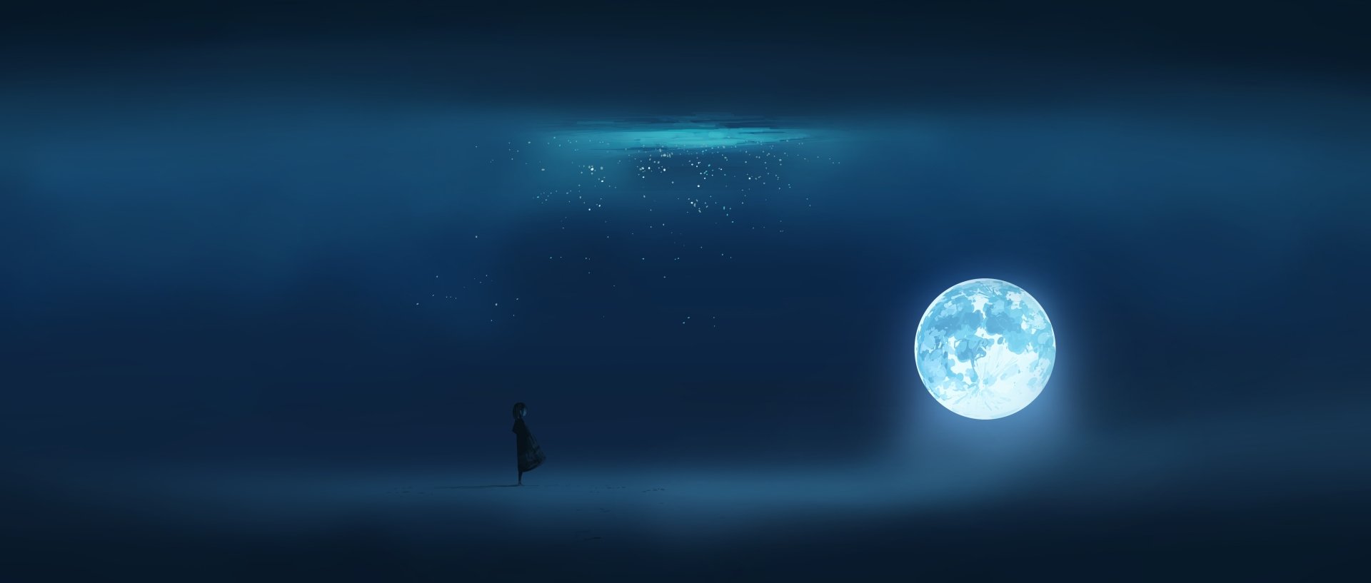 Anime-themed HD wallpaper featuring a lone figure standing under a glowing blue moon with a misty, ethereal atmosphere. The night sky is dotted with stars, creating a tranquil and mystical scene.