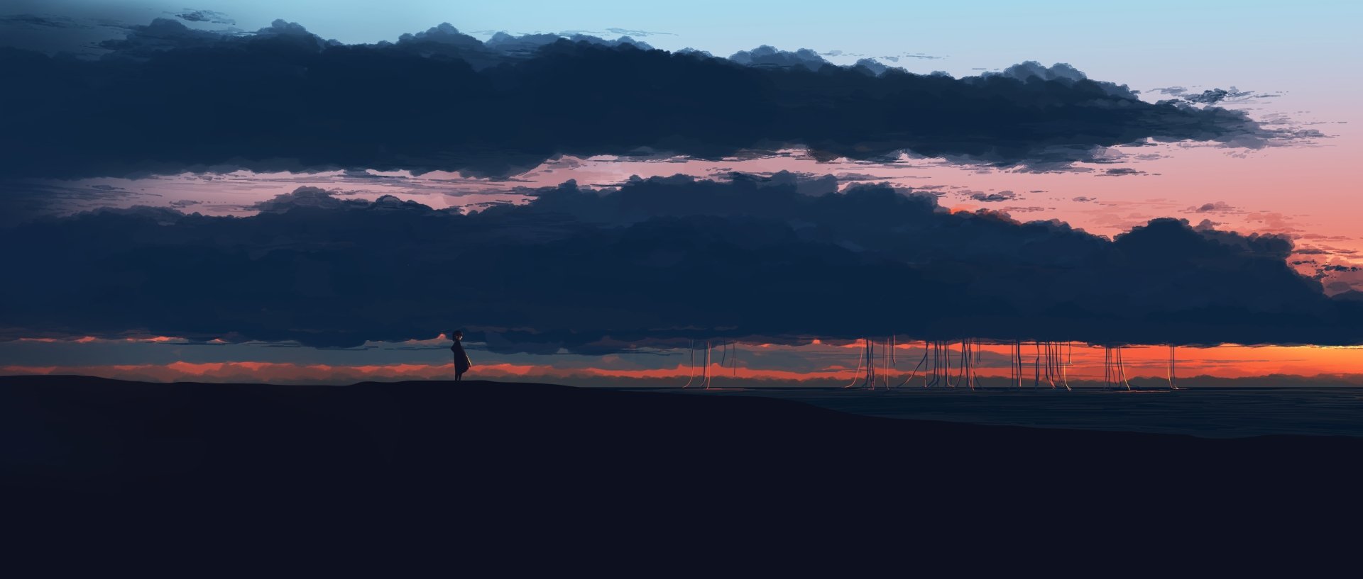 Anime-style 4K Ultra HD desktop wallpaper depicting a twilight sunset with clouds and a lone figure silhouetted against the vibrant sky.