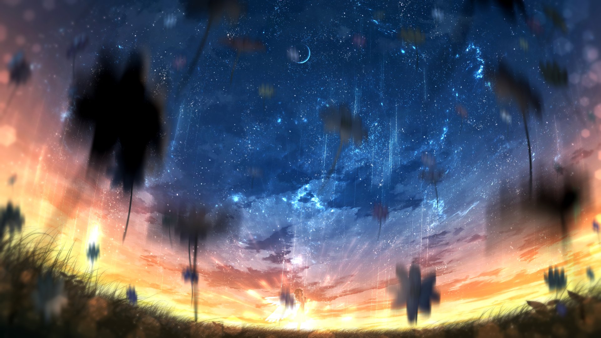 A stunning HD anime desktop wallpaper featuring an original illustration of a starry sky at twilight, blending vibrant sunset hues with a celestial night sky.