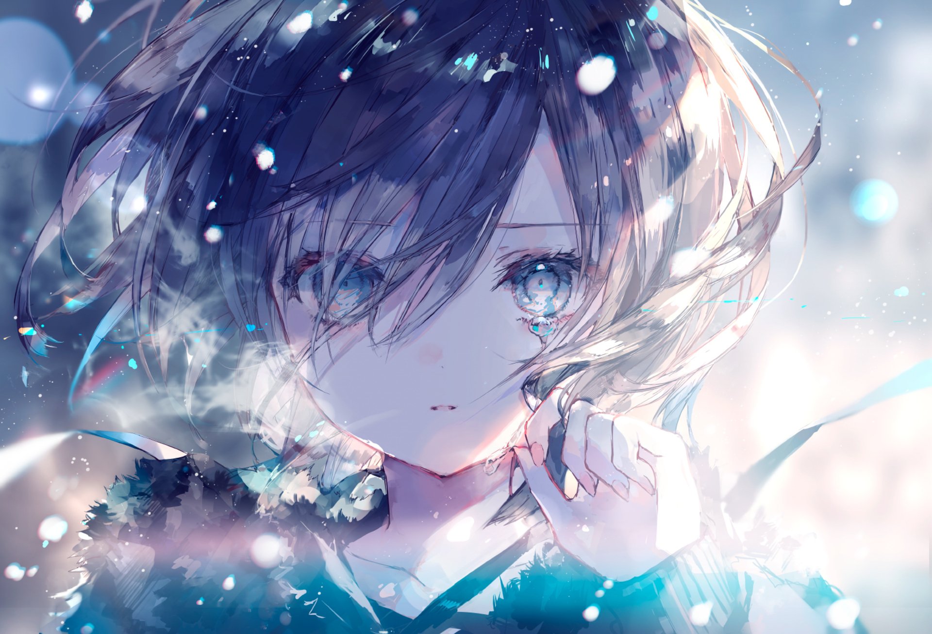Anime-style original HD desktop wallpaper featuring a close-up of a tearful character surrounded by swirling wind and delicate snowfall.