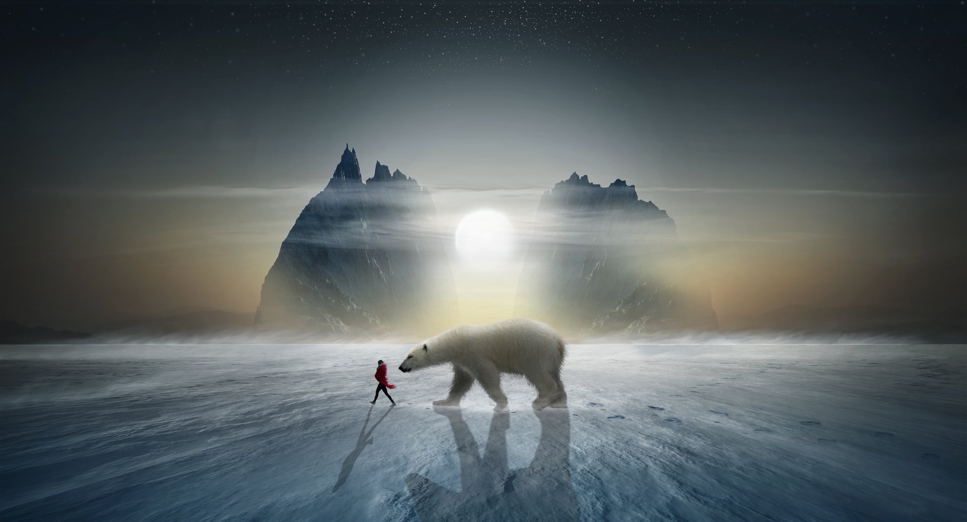 HD desktop wallpaper featuring a majestic polar bear walking on icy terrain with a person and stunning arctic scenery in the background, under a setting sun.