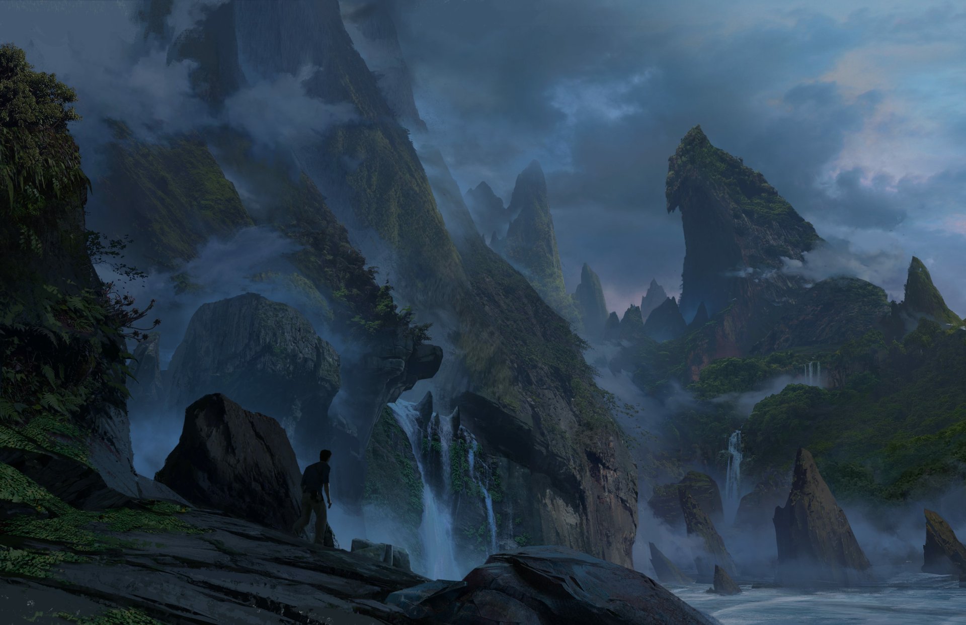 HD desktop wallpaper from Uncharted 4: A Thief's End featuring Nathan Drake observing a dramatic, misty waterfall landscape surrounded by towering cliffs.