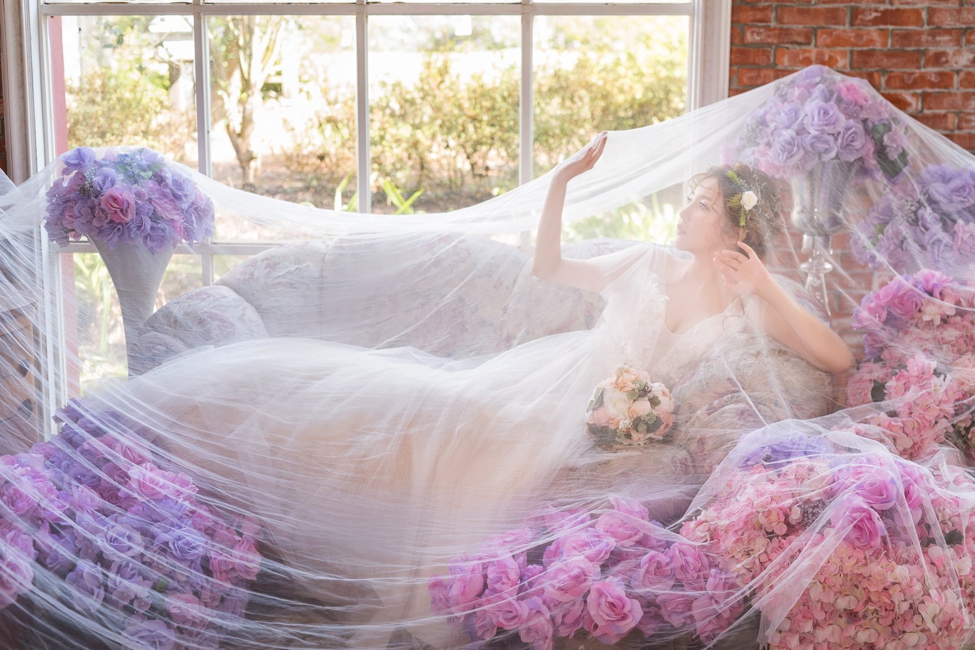 Download Wedding Dress White Dress Brunette Veil Flower Mood Asian Model Woman Bride HD Wallpaper